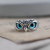 Anello con gufo portafortuna, regolabile, in argento e opale