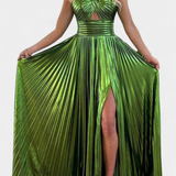 Abito Branimira Maxi Metallico con Scollo a V e Spacco