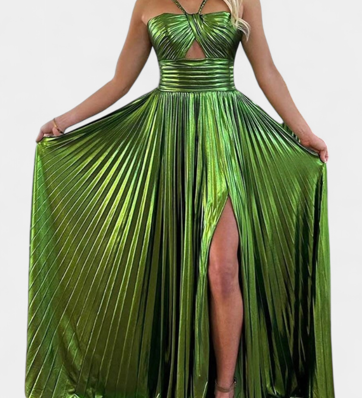 Abito Branimira Maxi Metallico con Scollo a V e Spacco