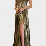 Abito Branimira Maxi Metallico con Scollo a V e Spacco