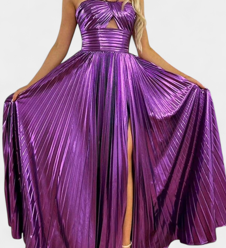 Abito Branimira Maxi Metallico con Scollo a V e Spacco