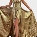 Abito Branimira Maxi Metallico con Scollo a V e Spacco