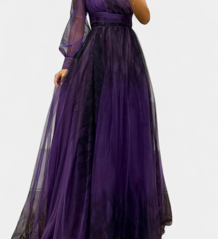 Abito Maxi Natalija in Chiffon con Spalle Scoperte e Rosa Voluminoso