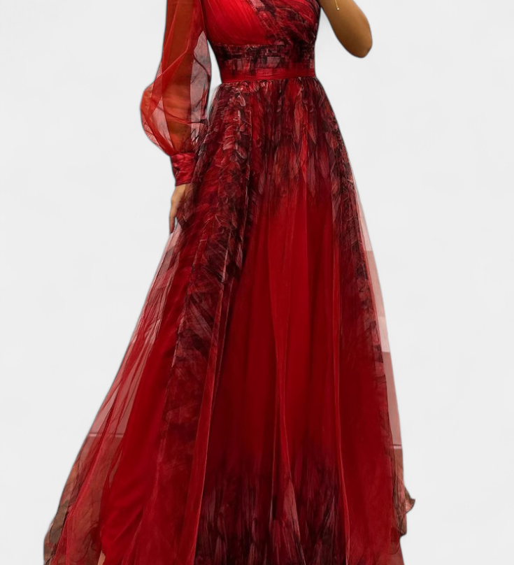 Abito Maxi Natalija in Chiffon con Spalle Scoperte e Rosa Voluminoso