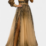 Abito Maxi Natalija in Chiffon con Spalle Scoperte e Rosa Voluminoso