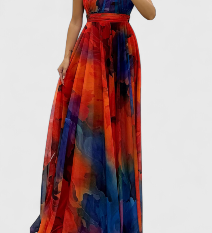 Abito Maxi Antonija in Chiffon con Motivo Floreale e Collo Halter