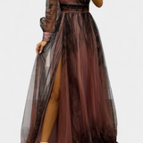Abito Maxi Natalija in Chiffon con Spalle Scoperte e Rosa Voluminoso