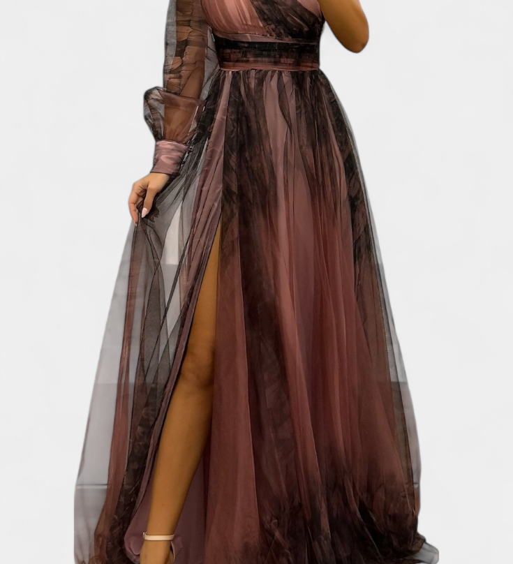 Abito Maxi Natalija in Chiffon con Spalle Scoperte e Rosa Voluminoso