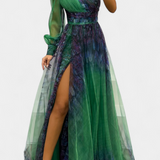 Abito Maxi Natalija in Chiffon con Spalle Scoperte e Rosa Voluminoso