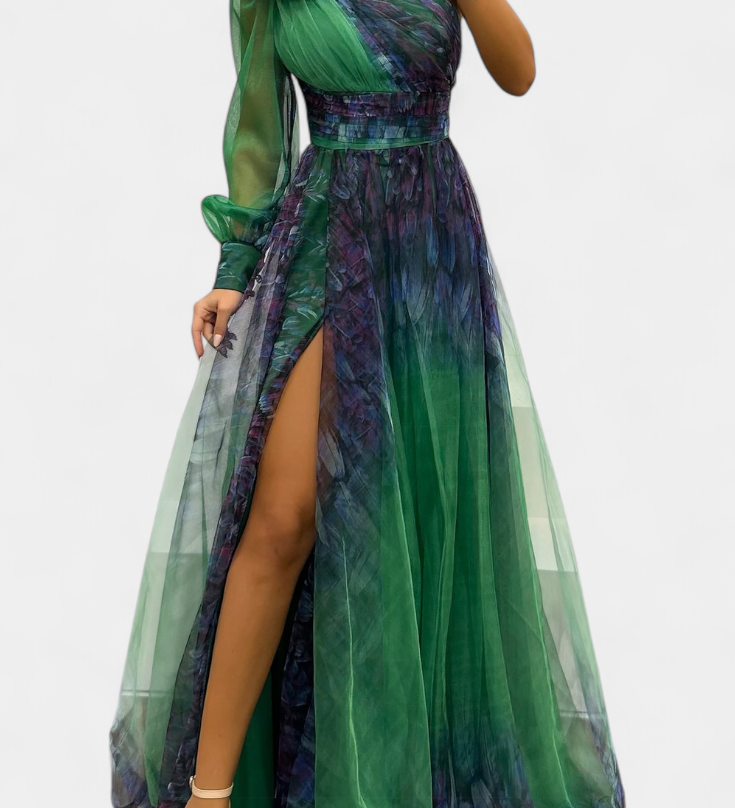 Abito Maxi Natalija in Chiffon con Spalle Scoperte e Rosa Voluminoso