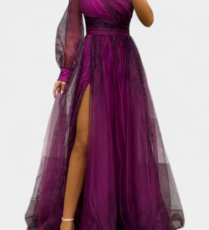 Abito Maxi Natalija in Chiffon con Spalle Scoperte e Rosa Voluminoso