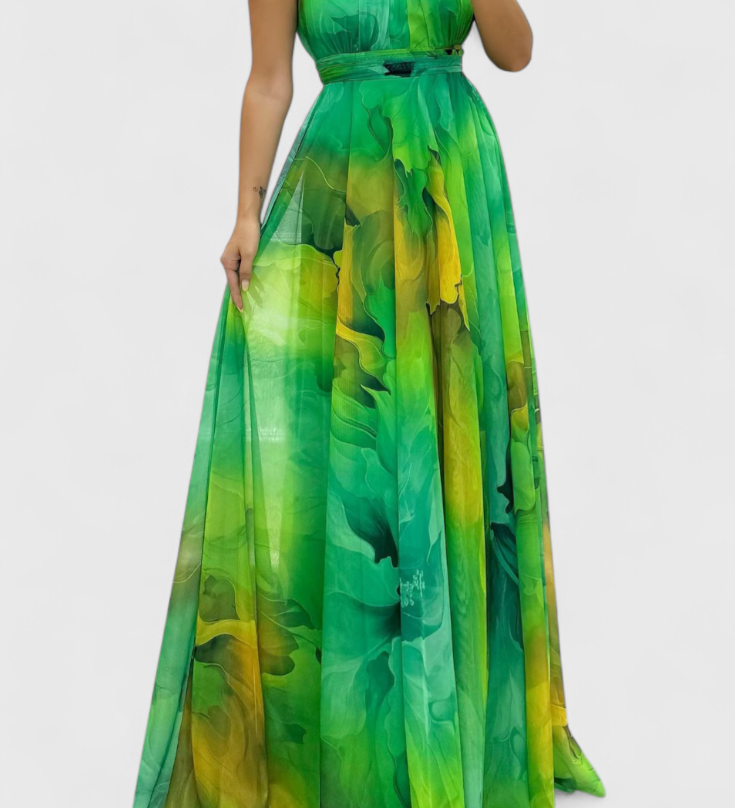 Abito Maxi Antonija in Chiffon con Motivo Floreale e Collo Halter